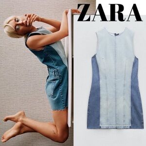 Zara Two Tone Patchwork Denim Dress NWT L